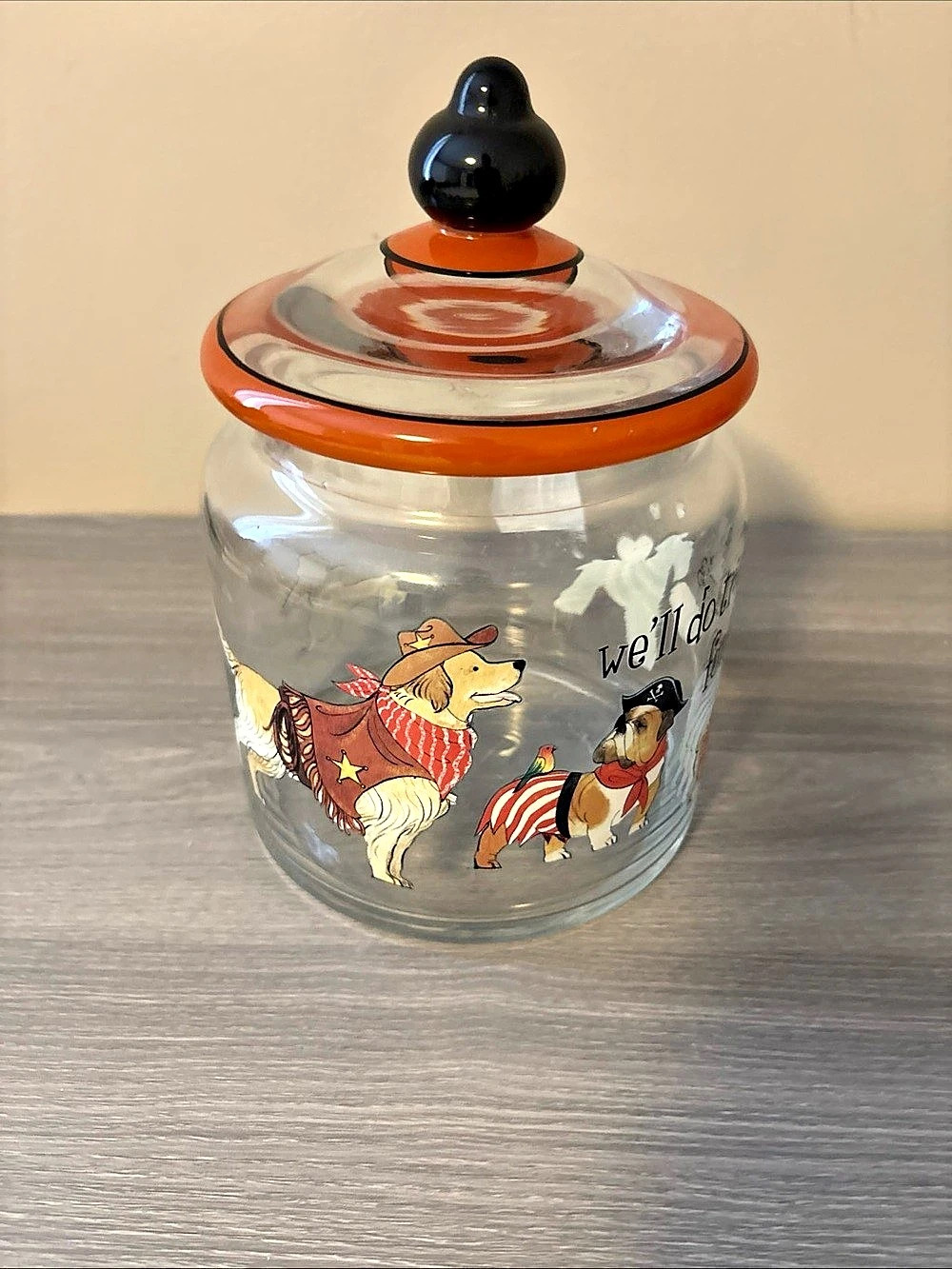 RARE PIER 1 PARK AVENUE PUPPIES Large Glass Halloween Treat Jar Dogs In Costumes